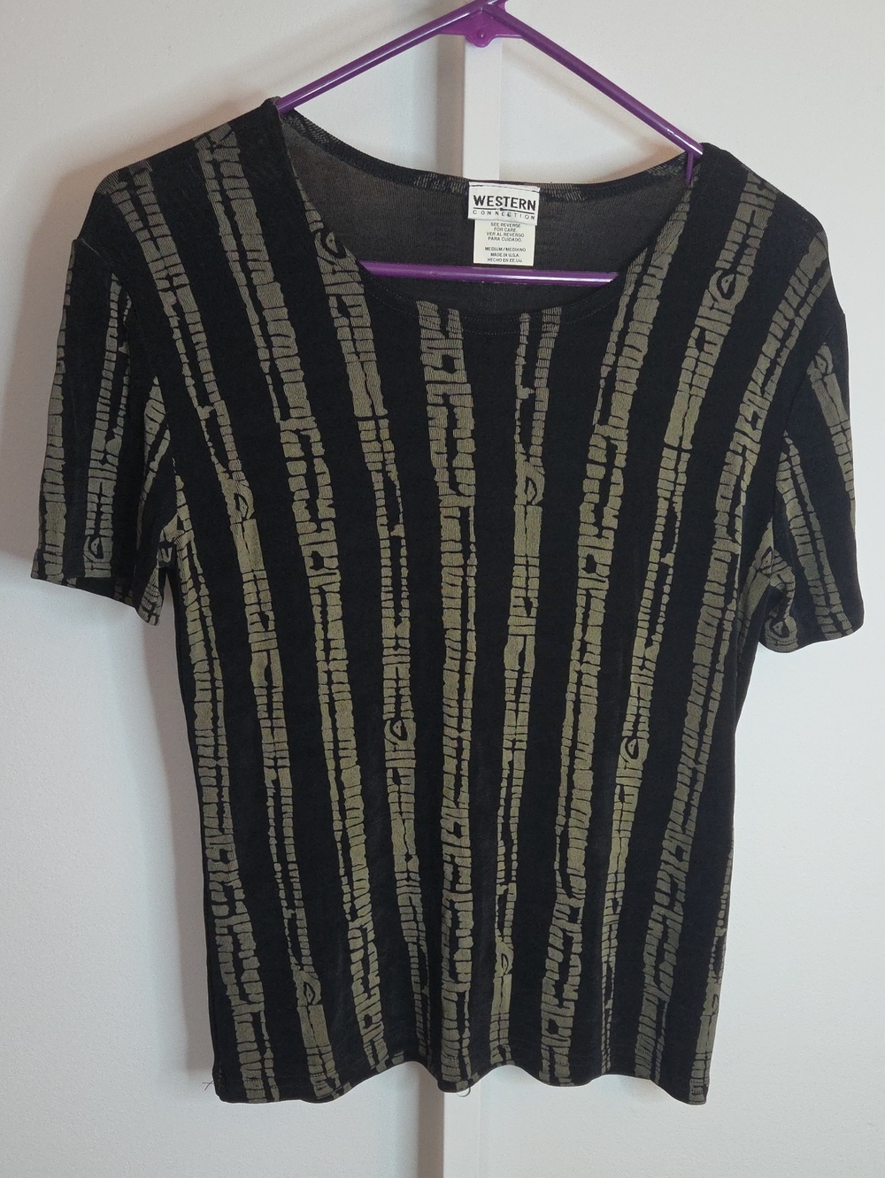 Vintage Western Connection Black Olive Striped Velvet Top Medium 90s Made in USA